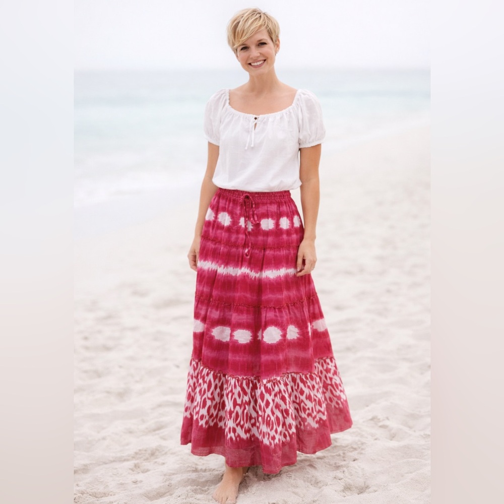 Bohemian Cafe Elegant Pink Tie-Dye Maxi Skirt Size L Resortwear Vacation